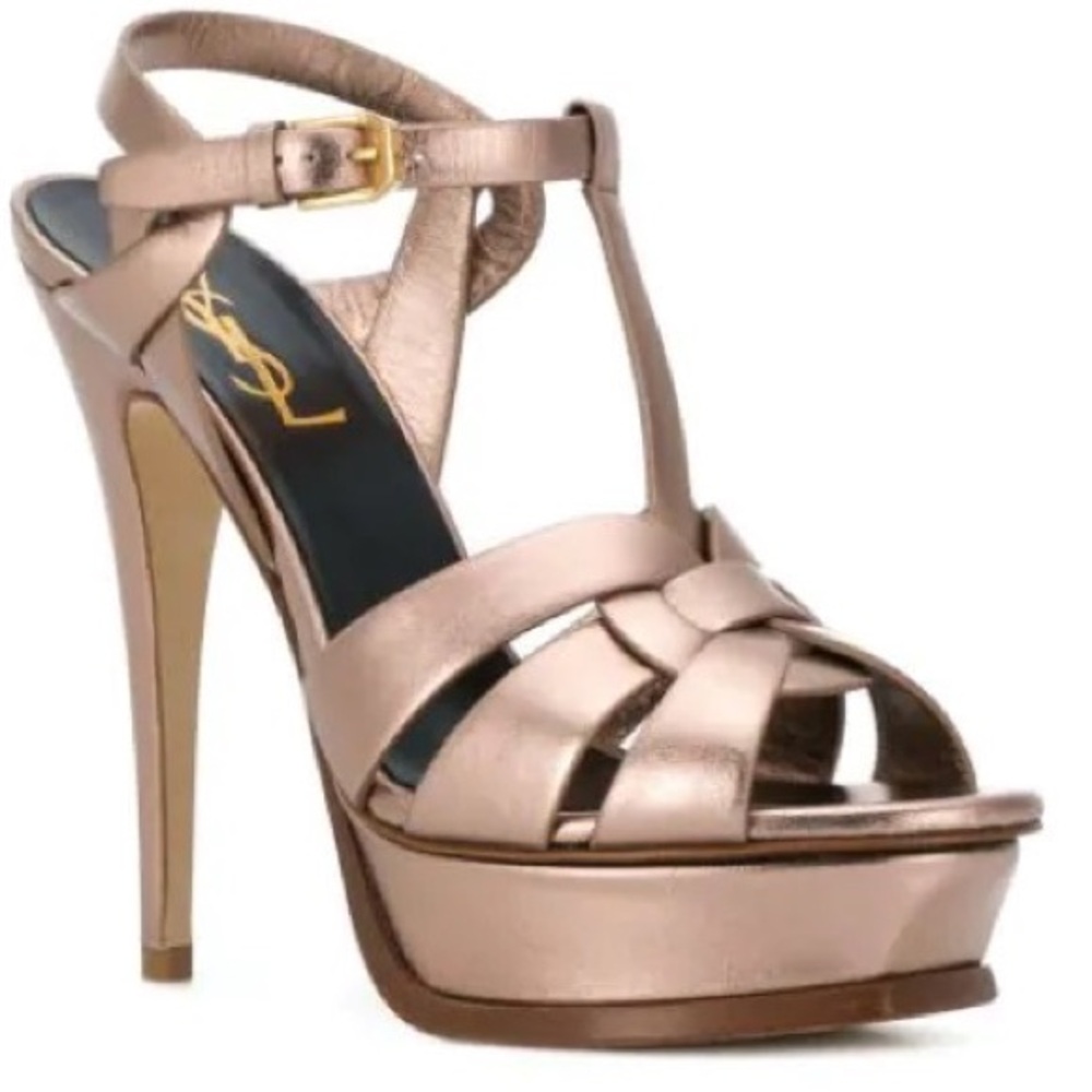 Saint Laurent Tribute Platform Sandals – Metallic Rose Gold